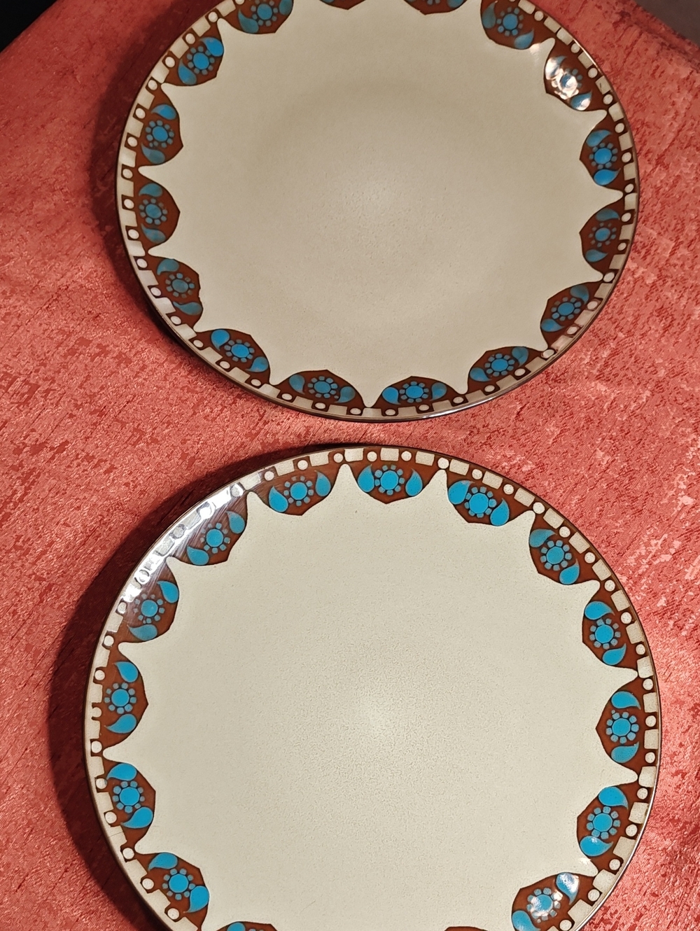 Cream Dinner Plates with Turquoise and Brown Floral Border